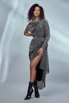 Style Junkiie_Grey Shimmer Knit One Shoulder Asymmetric Sleeve Dress  _Online_at_Aza_Fashions