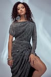 Style Junkiie_Grey Shimmer Knit One Shoulder Asymmetric Sleeve Dress  _at_Aza_Fashions