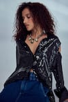Style Junkiie_Black Georgette Sequin And Glass Beads Work Shirt Collar Cold Shoulder Sleeve_Online_at_Aza_Fashions