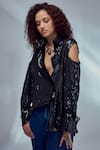 Shop_Style Junkiie_Black Georgette Sequin And Glass Beads Work Shirt Collar Cold Shoulder Sleeve_Online_at_Aza_Fashions