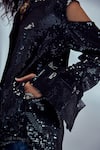 Style Junkiie_Black Georgette Sequin And Glass Beads Work Shirt Collar Cold Shoulder Sleeve_at_Aza_Fashions