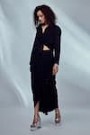 Style Junkiie_Black Crepe Paisley Pattern Shirt Collar Front Tie-up Draped Dress _Online_at_Aza_Fashions