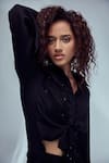 Shop_Style Junkiie_Black Crepe Paisley Pattern Shirt Collar Front Tie-up Draped Dress _Online_at_Aza_Fashions