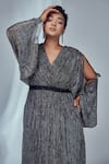 Buy_Style Junkiie_Grey Shimmer Knit V Neck Slit Kimono Dress  _Online_at_Aza_Fashions