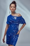 Style Junkiie_Blue Georgette Sequin And Mirror Work One Shoulder Embroidered Draped Dress _at_Aza_Fashions