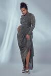 Shop_Style Junkiie_Grey Shimmer Knit V Neck Slit Kimono Dress  _Online_at_Aza_Fashions