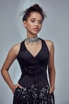 Buy_Style Junkiie_Black Satin Paisley Pattern Plunge V Neck Ruched Embroidered Waistcoat_Online_at_Aza_Fashions