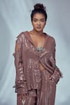 Buy_Style Junkiie_Brown Sequins Georgette Glass Beads Cold Shoulder Shirt  _Online_at_Aza_Fashions