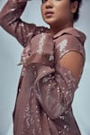 Style Junkiie_Brown Sequins Georgette Glass Beads Cold Shoulder Shirt  _at_Aza_Fashions