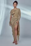 Style Junkiie_Gold Shimmer Knit Embellished Mirror And Bead Tassels Boat Draped Dress  _Online_at_Aza_Fashions