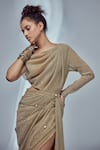 Style Junkiie_Gold Shimmer Knit Embellished Mirror And Bead Tassels Boat Draped Dress  _at_Aza_Fashions