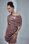 Style Junkiie Brown Sequins Georgette Mirror One Shoulder Draped Dress at Aza Fashions Style Junkiie_Brown Sequins Georgette Mirror One Shoulder Draped Dress _at_Aza_Fashions