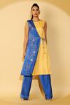 Madder Much_Blue 65% Cupro 35% Modal Floral Round Kate Colorblock Tunic And Pant Set_at_Aza_Fashions
