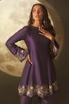 Dohr India_Purple Kurta And Pant Silk Chanderi Short Set With Scallop Bordered Shawl _Online_at_Aza_Fashions