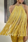 Surily G_Yellow Cotton Embroidery High Neck Hand Rope Fringe Top _Online_at_Aza_Fashions