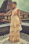 Surily G_Beige Embroidered Thread Floral Layered Lehenga Saree  _at_Aza_Fashions