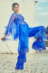 Surily G_Blue Organza Embroidered Floral V Neck Cutwork Ruffled Kaftan Tunic  _Online_at_Aza_Fashions