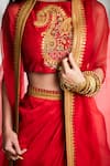 Tisha Saksena_Red Crop Top  Raw Silk Embroidery Zardozi Saro Draped Skirt Set _Online_at_Aza_Fashions