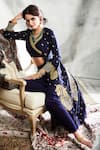 Tisha Saksena_Blue Silk, Crepe Embroidery V-, Open Kalka Jacket Dhoti Pant Set _Online_at_Aza_Fashions