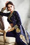 Tisha Saksena_Blue Silk, Crepe Embroidery V-, Open Kalka Jacket Dhoti Pant Set _at_Aza_Fashions
