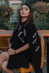 Taroob_Black Wool Embroidery Dragonfly Chinese Collar Hand Swarovski Cape _Online_at_Aza_Fashions