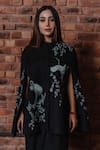 Taroob_Black Wool Embroidery Flamingo Chinese Collar Swarovski Cape  _Online_at_Aza_Fashions