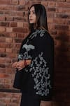 Buy_Taroob_Black Wool Embroidery Flamingo Chinese Collar Swarovski Cape  _Online_at_Aza_Fashions