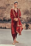 Taisha_Orange Kurta And Dhoti Pant Pure Silk Velvet Hand Embroidered Set  _at_Aza_Fashions