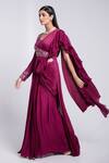 Buy_Suruchi Parakh_Wine Crepe Embroidery, Sequins Asymmetric Draped Jacket Ruffle Saree Set_Online_at_Aza_Fashions