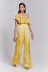 Suruchi Parakh_Yellow Crepe Embroidered Cutdana One Shoulder Ruffled Jumpsuit _Online_at_Aza_Fashions