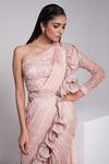Shop_Suruchi Parakh_Pink Crepe, Net Embroidery Pre-draped Ruffle Saree With One Shoulder Blouse _Online_at_Aza_Fashions