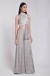 Suruchi Parakh_Grey Crepe, Silk Embroidery, Sequins, Cut Work Asymmetric Peplum Top And Pant _Online_at_Aza_Fashions