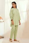 The Right Cut_Green Linen Round Neck Ezili Diamond Smocked Top And Narrow Pant Set_Online_at_Aza_Fashions