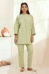 Buy_The Right Cut_Green Linen Round Neck Ezili Diamond Smocked Top And Narrow Pant Set_Online_at_Aza_Fashions