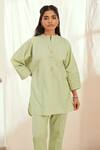 Shop_The Right Cut_Green Linen Round Neck Ezili Diamond Smocked Top And Narrow Pant Set_Online_at_Aza_Fashions