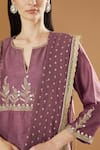 OMI_Purple Cotton Embroidery Split V-neck Placement Leaf Vine Kurta Set _Online_at_Aza_Fashions