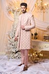 Varun Chakkilam_Pink , Twill, Organza Beads, Embroidery Metallic Wire Sherwani Set _Online_at_Aza_Fashions