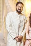 Varun Chakkilam_White Twill, Organza, Geometric Threadwork Embroidered Sherwani Set _Online_at_Aza_Fashions