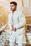 Varun Chakkilam_White Twill Silk Embroidered Threadwork Jacket And Kurta Set  _Online_at_Aza_Fashions