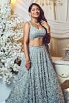 Buy_Varun Chakkilam_Grey Silk Organza Embroidered Sequins V Neck Lehenga Set _Online_at_Aza_Fashions