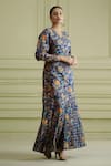 AFFROZ_Blue Russian Silk Printed Paisley Jaal V Neck Flared Dress _Online_at_Aza_Fashions