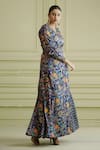 Buy_AFFROZ_Blue Russian Silk Printed Paisley Jaal V Neck Flared Dress _Online_at_Aza_Fashions