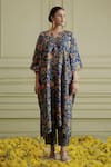 Buy_AFFROZ_Blue Russian Silk Printed Paisley Jaal Notched Kaftan And Pant Set _Online_at_Aza_Fashions