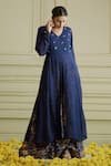 AFFROZ_Blue Georgette Printed Paisley Jaal V Neck Hand Embroidered Kurta Set _Online_at_Aza_Fashions