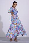 AFFROZ_Blue Russian Silk Printed Floral V Neck Maxi Dress _Online_at_Aza_Fashions