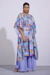 AFFROZ_Blue Russian Silk Printed Floral Round Kaftan And Flared Pant Set _Online_at_Aza_Fashions