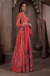 AFFROZ_Coral Viscose Crepe Printed V Neck Flared Lehenga Set _Online_at_Aza_Fashions