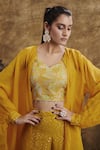 AFFROZ_Yellow Georgette Jacquard Embroidered Chaval Taka Asymmetric Jacket Sharara Set _at_Aza_Fashions