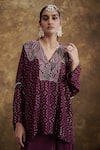 Shop_AFFROZ_Wine Georgette Jacquard Embroidered Chaval Taka V Full Sleeved Short Tunic Set _Online_at_Aza_Fashions