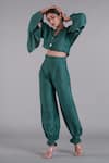 Buy_AFFROZ_Green Linen Shirt Collar Crop Top And Joggers Set_Online_at_Aza_Fashions